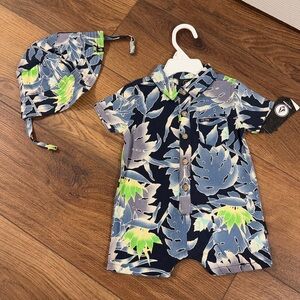 BNWT • Volcom Kids' Navy & Lime Leaf Print Onesie (6-9 mos) & Matching Hat